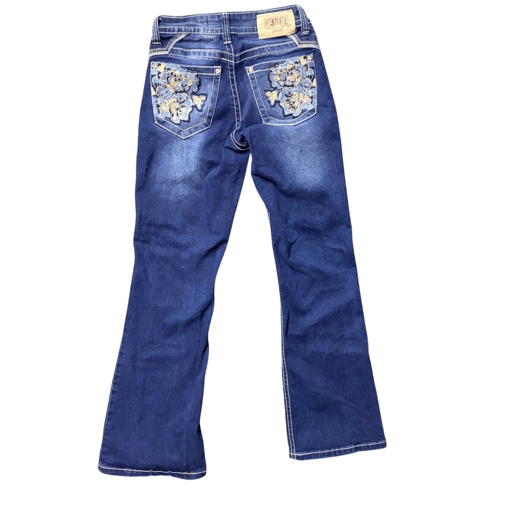 Y2K R3BEL Jeans Size 3 24 Flare Dark Wash Embroidered Floral Back Pocket Denim